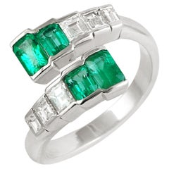 Retro Style Emerald & Diamond Ring Made In 18k White Gold