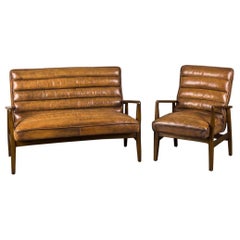 Vintage Style Leather Sofa and Armchair, 20th Century
