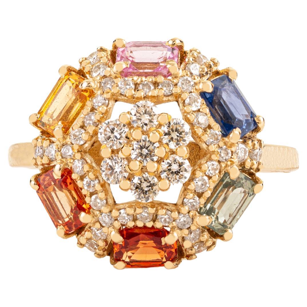 Im Angebot: Retro Style Multicolor Saphir 
Diamant Cluster Ring in 14K Gelbgold 1.73Ct ()