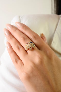 Retro Style Multicolor Sapphire & Diamond Cluster Ring in 18K Yellow Gold 1.73Ct