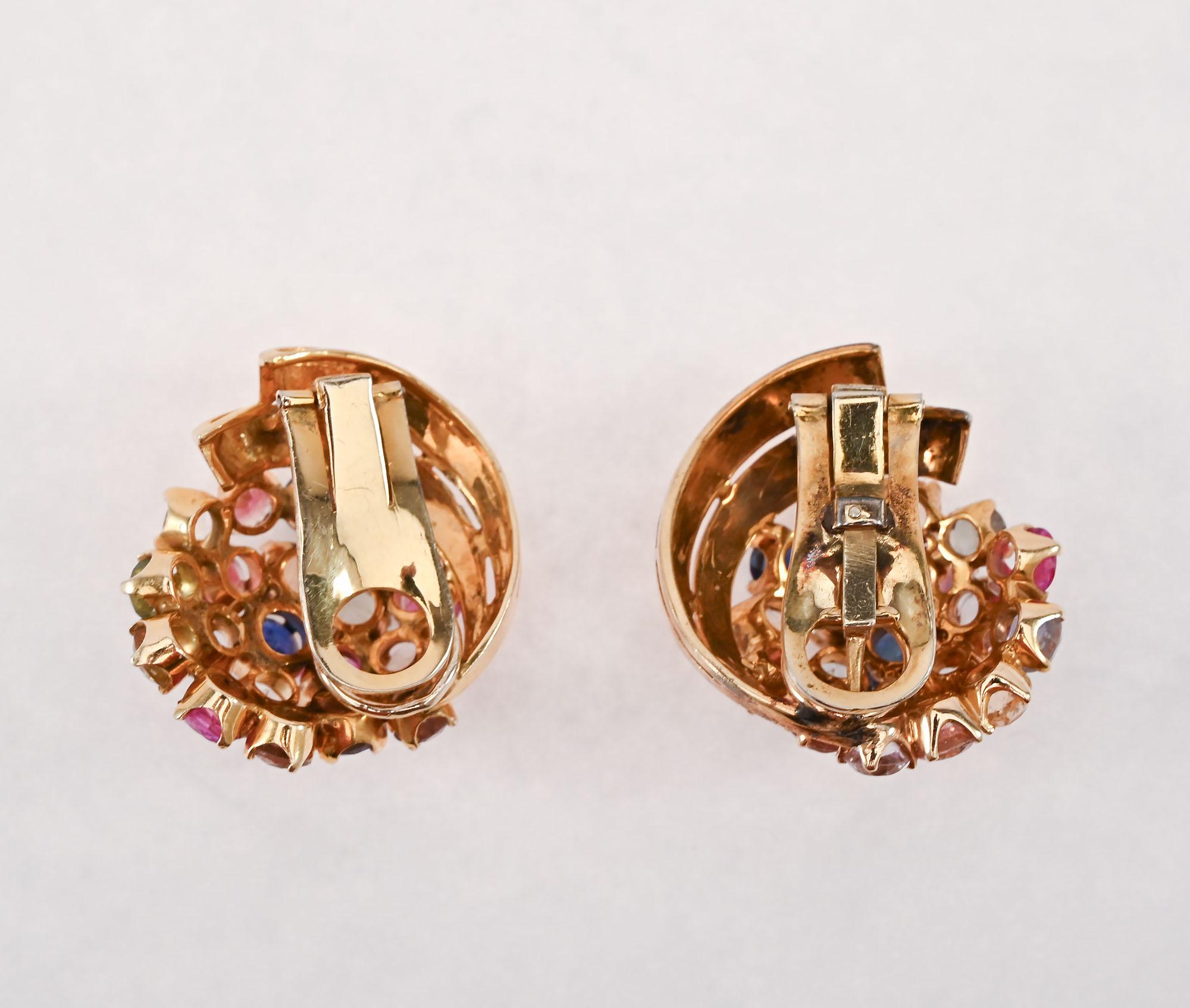 Esagono Orecchini d'oro multigem in stile retrò in vendita