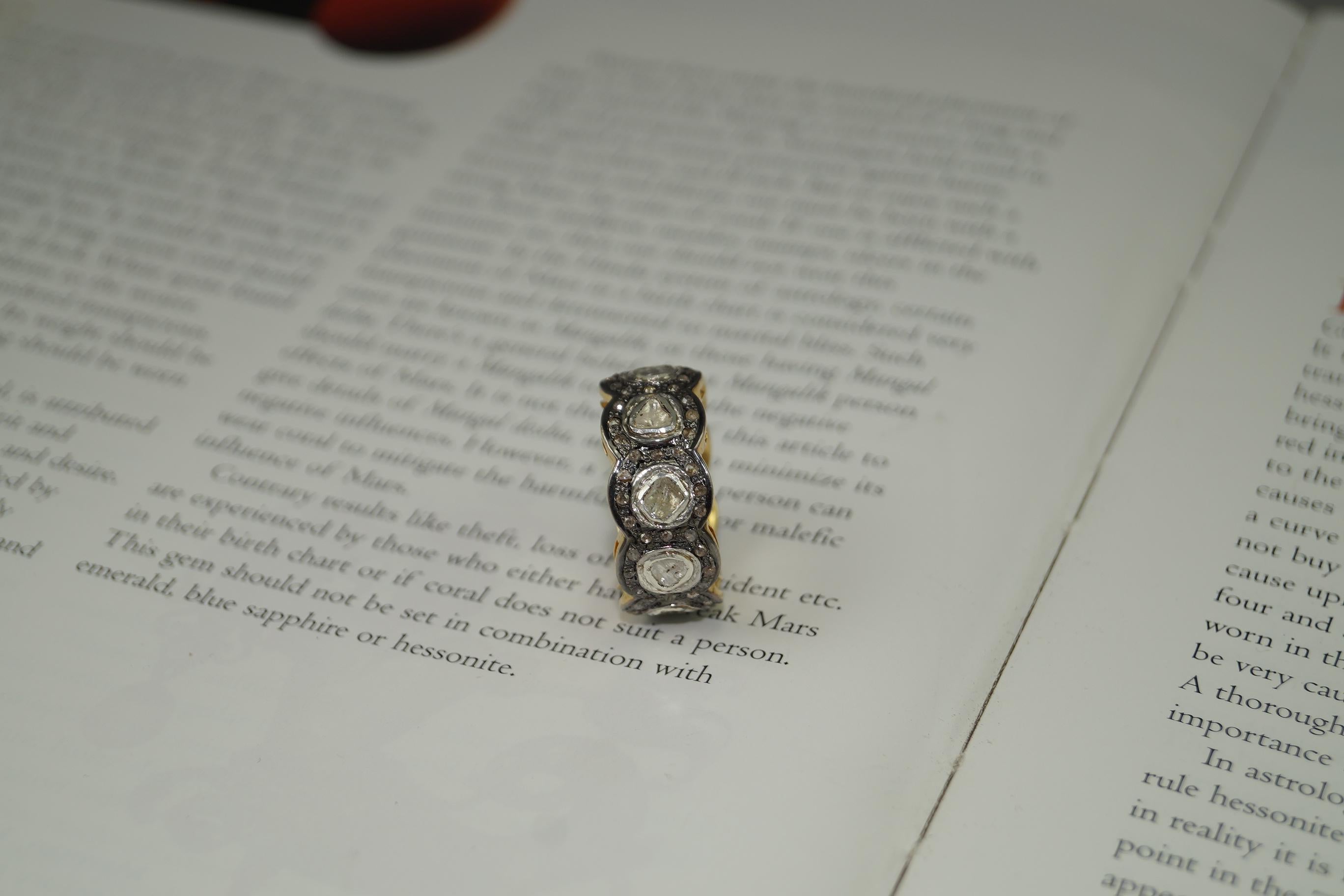 Retro Stil Natürlicher ungeschliffener Diamant im Rosenschliff Sterlingsilber Ewigkeitsring aus Sterlingsilber (Zeitgenössisch) im Angebot