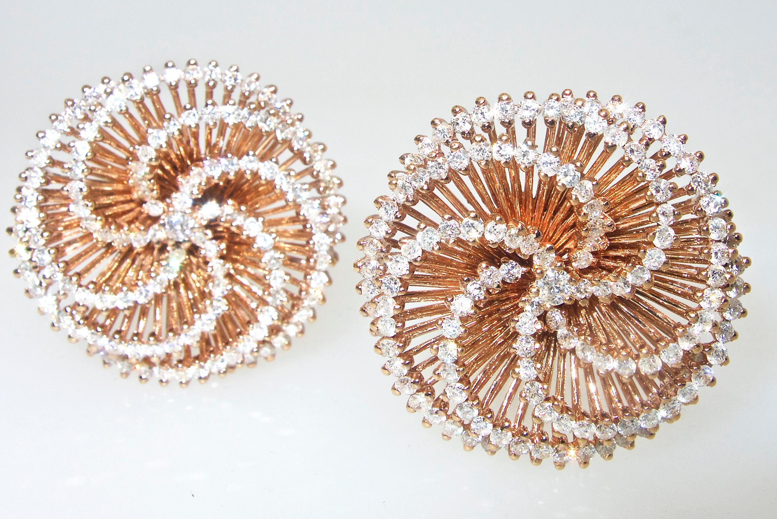 Retro style 18K  pink gold earrings set with 266 fine white diamonds - all well matched, well cut and weighing 6.75 cts.  These diamonds are all approximately H and VS1 in clarity.  Unusual with fine design and wonderful hand workmanship, these