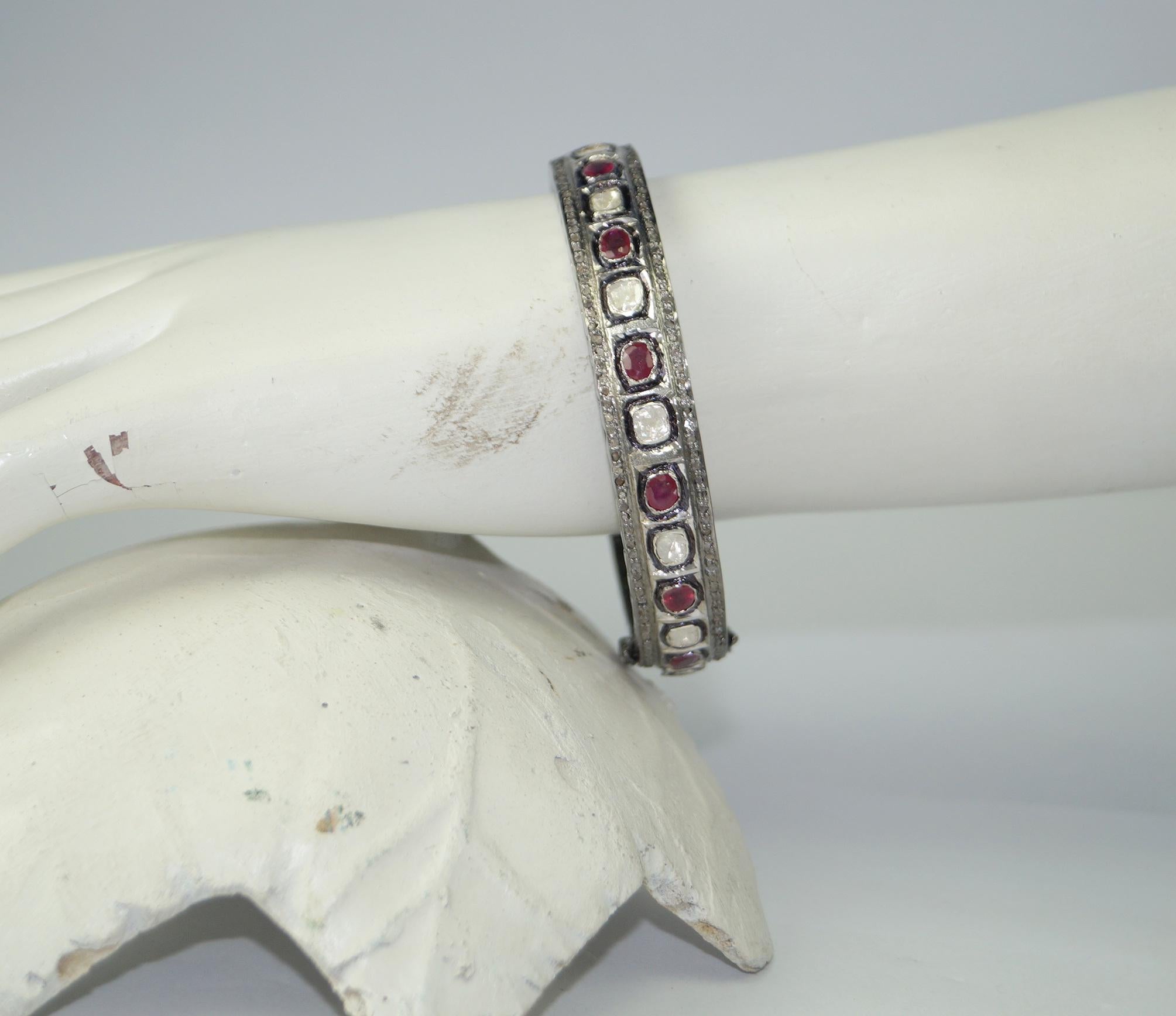 Rose Cut Retro style rose cut uncut polki diamond ruby oxidized sterling silver bracelet For Sale