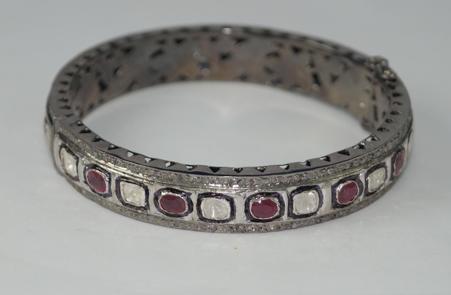 Retro style rose cut uncut polki diamond ruby oxidized sterling silver bracelet For Sale 2