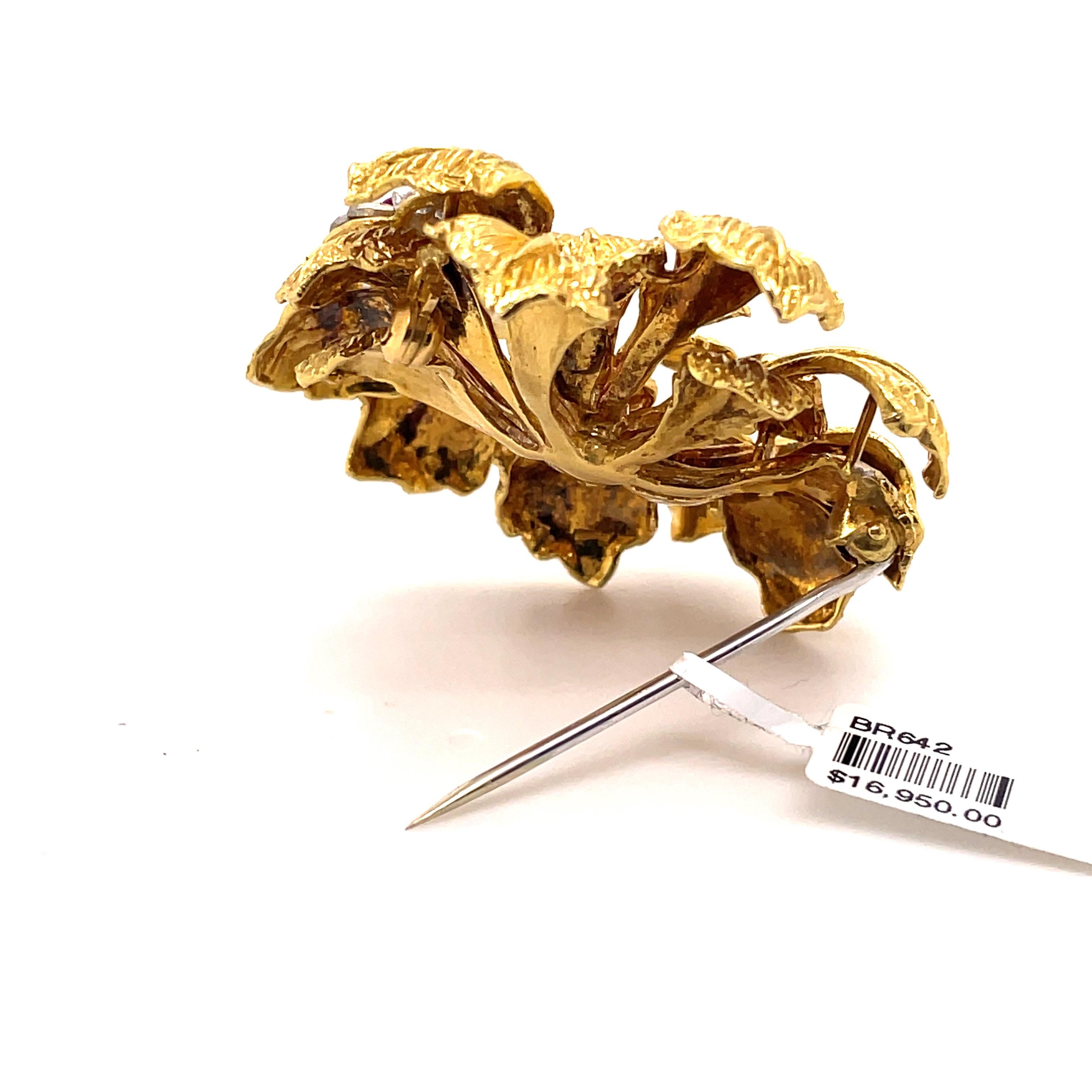 Retro Style Ruby and Diamond Leaf Brooch 18k Yellow Gold In Excellent Condition For Sale In BEVERLY HILLS, CA