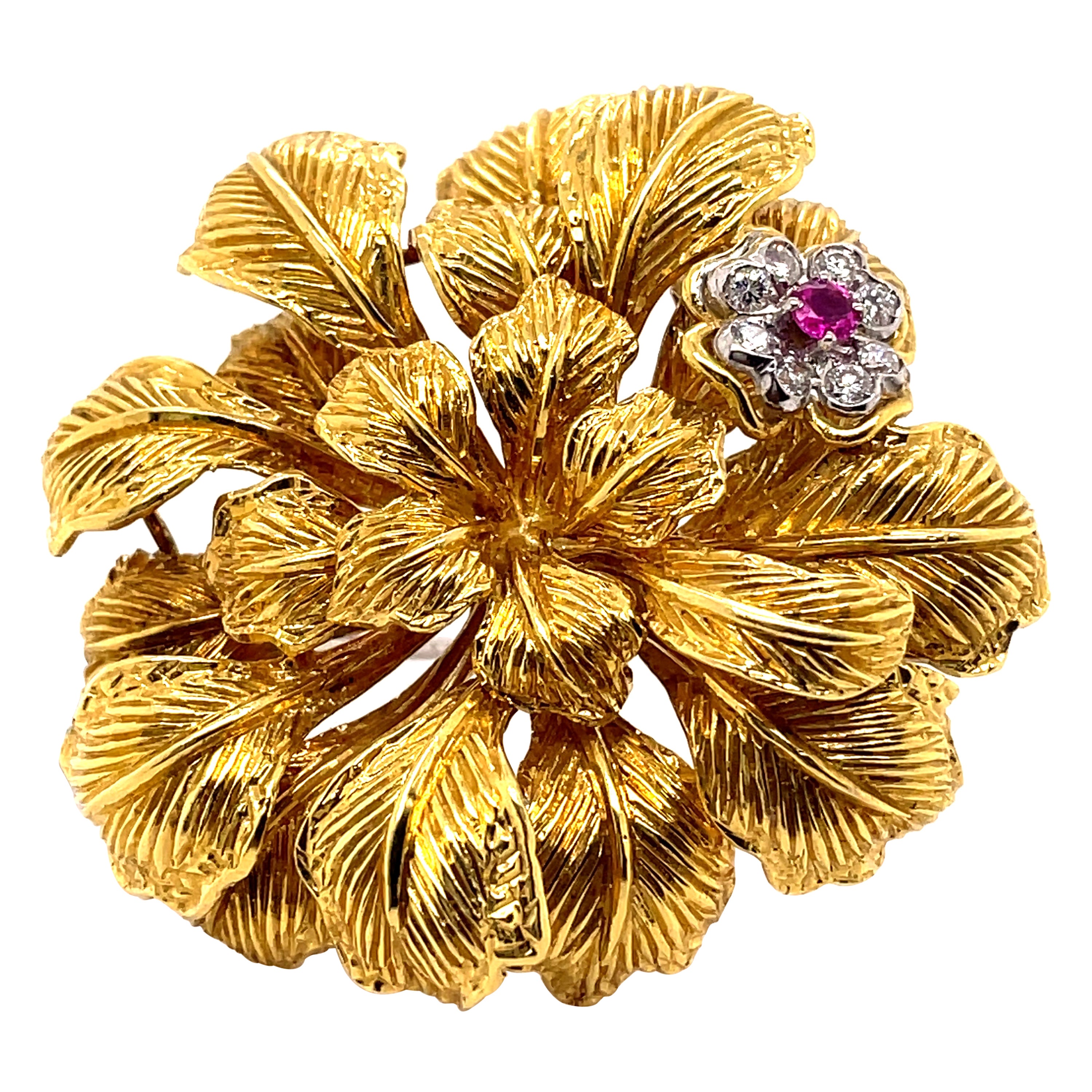 Retro Style Ruby and Diamond Leaf Brooch 18k Yellow Gold For Sale