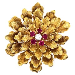 Retro Style Ruby and Diamond Leaf Brooch 18k Yellow Gold