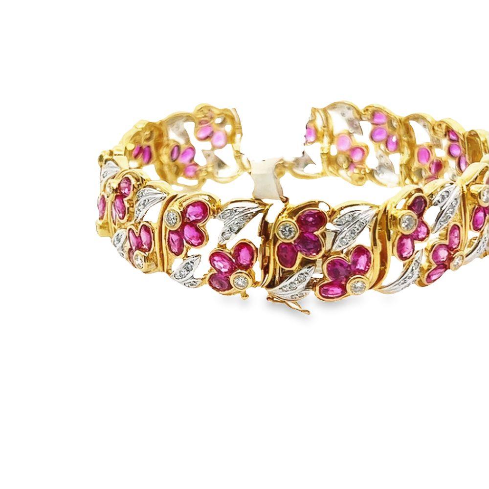 Women's Ruby and Diamond Yellow Gold Retro Bracelet For Sale