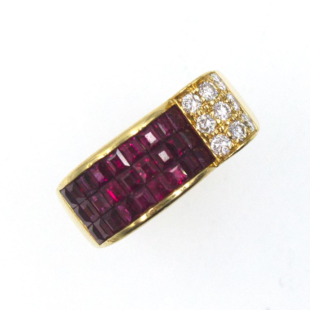 Princess Cut Retro Style Ruby Diamond 18 Karat Yellow Gold Ring