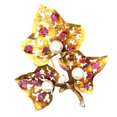 Retro Style Ruby, Diamond, and Pearl Leaf Brooch Yellow Gold