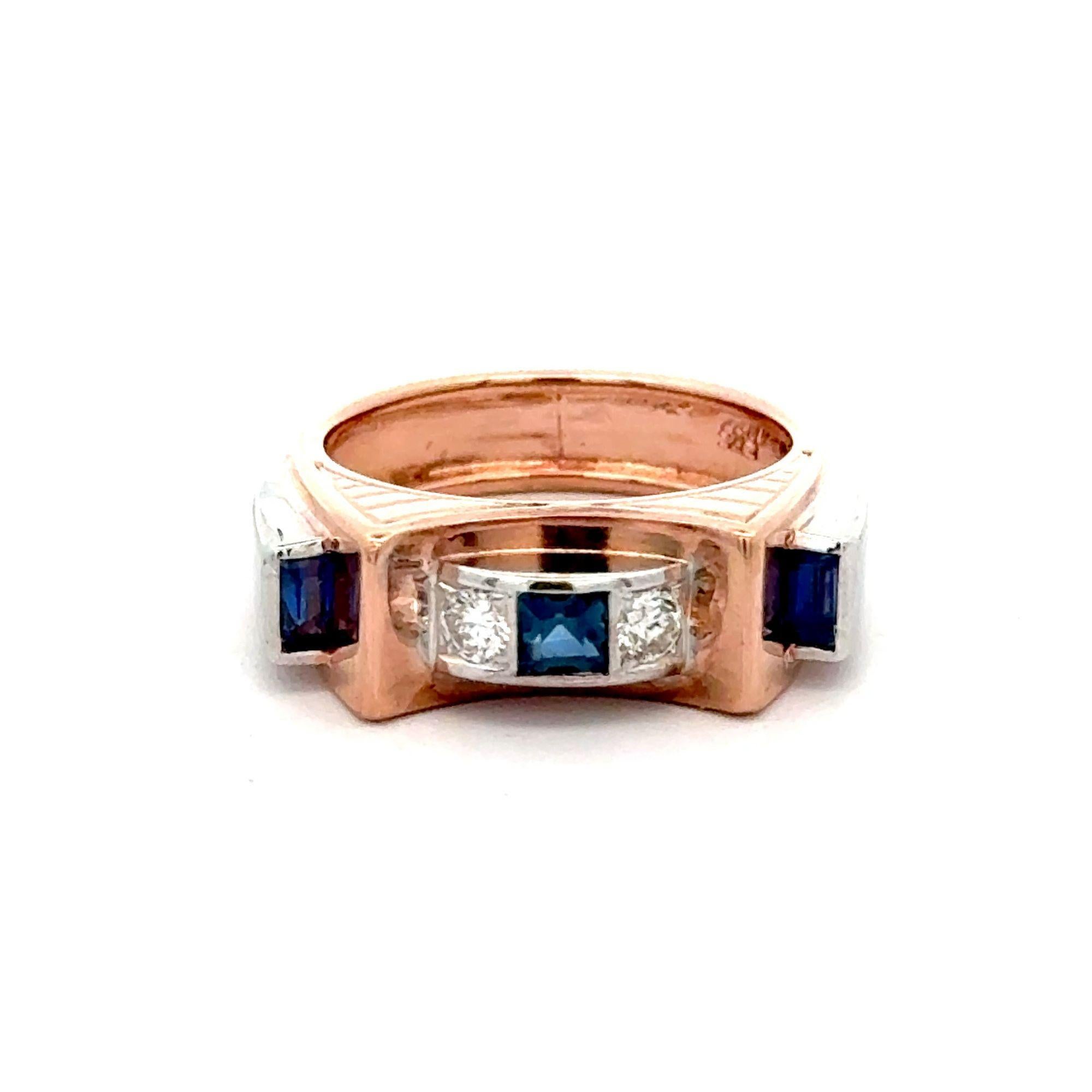 da uomo o donna Anello a fascia unisex bicolore in stile retrò con zaffiro e diamante Channe 14K in vendita