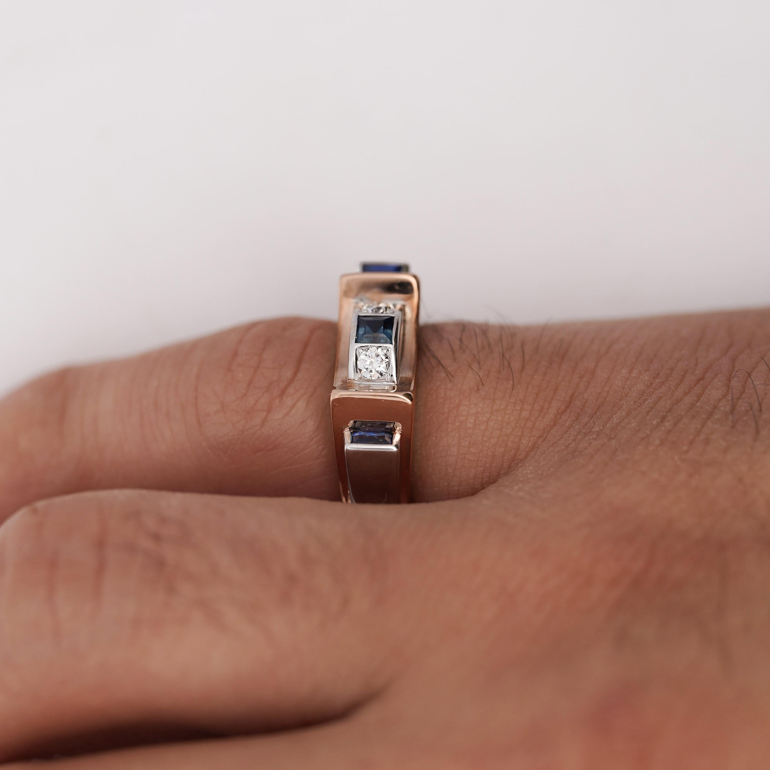 Anello a fascia unisex bicolore in stile retrò con zaffiro e diamante Channe 14K in vendita 2