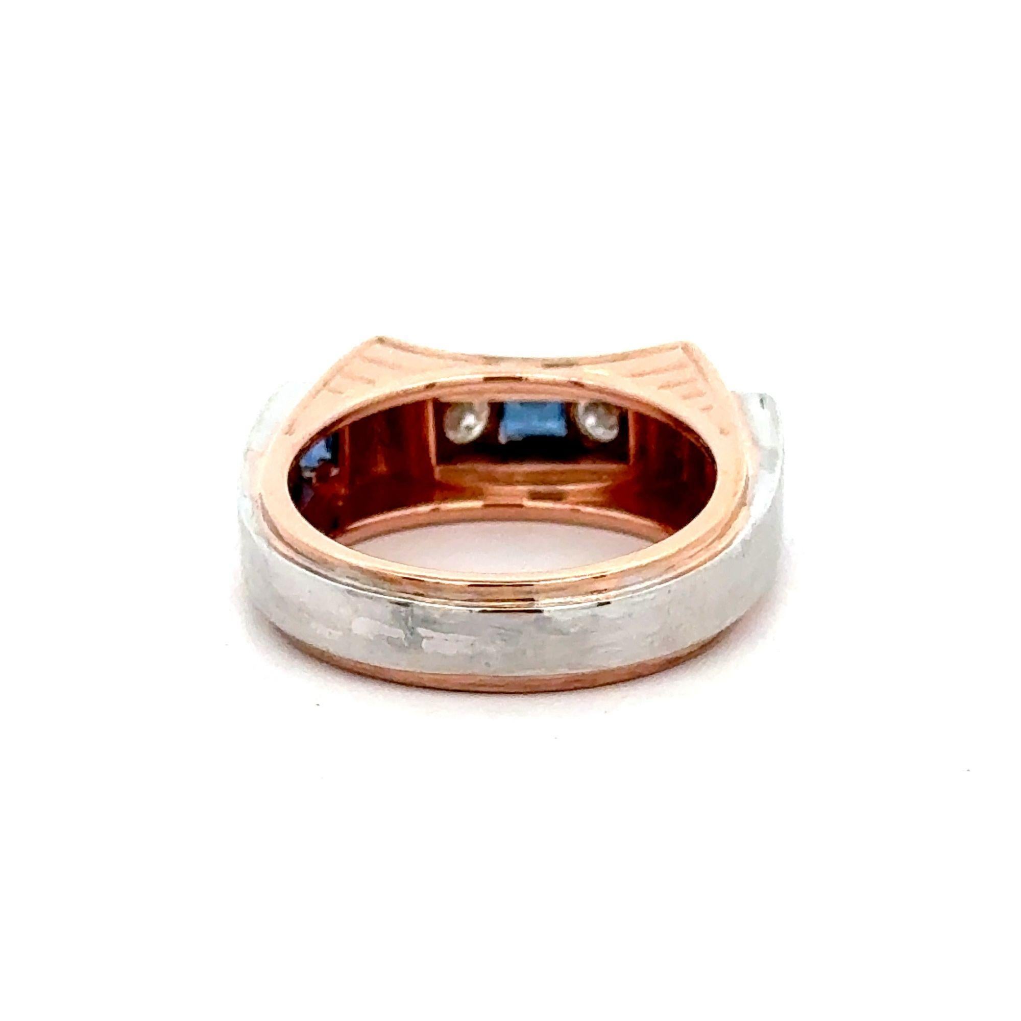 Anello a fascia unisex bicolore in stile retrò con zaffiro e diamante Channe 14K in vendita 3