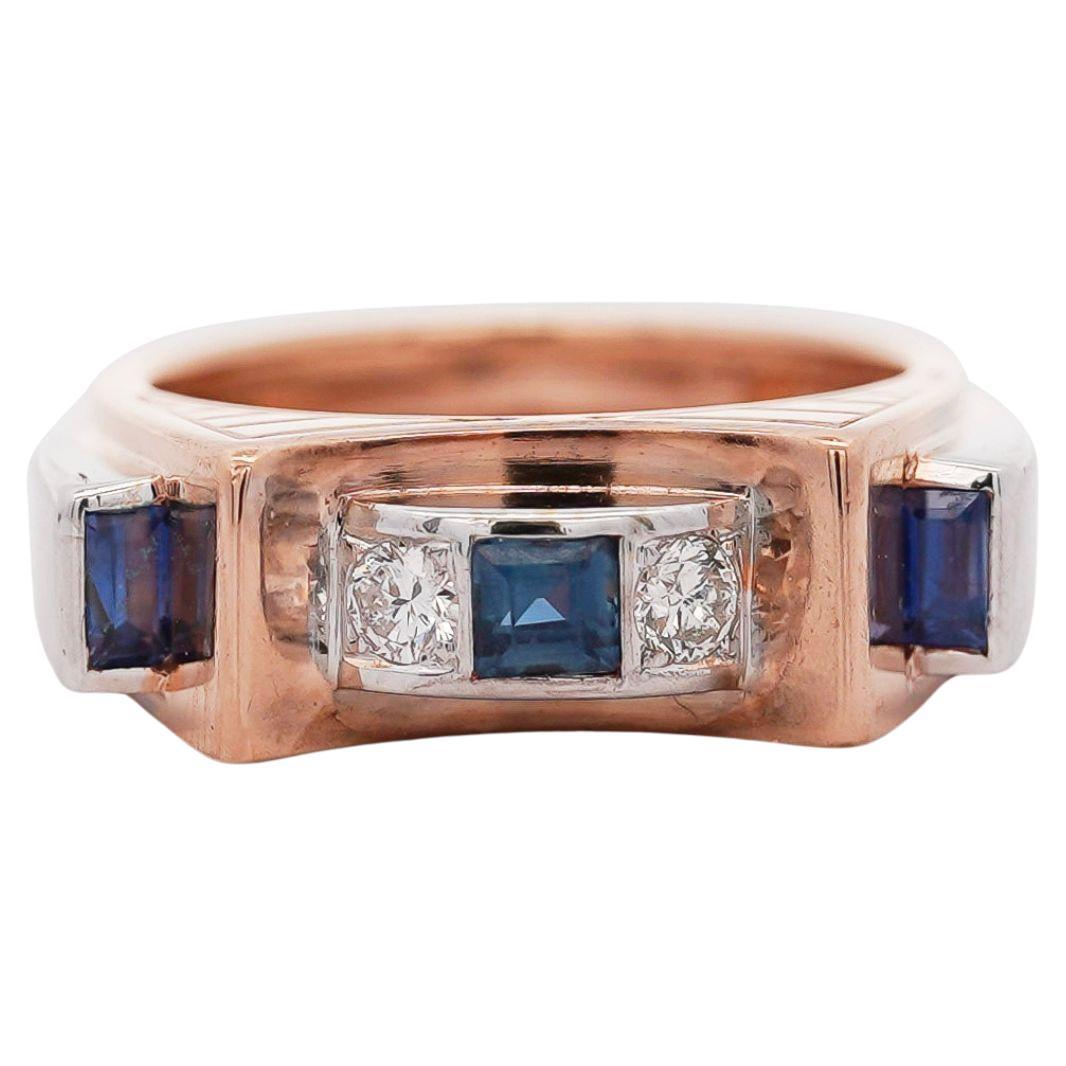 Anello a fascia unisex bicolore in stile retrò con zaffiro e diamante Channe 14K