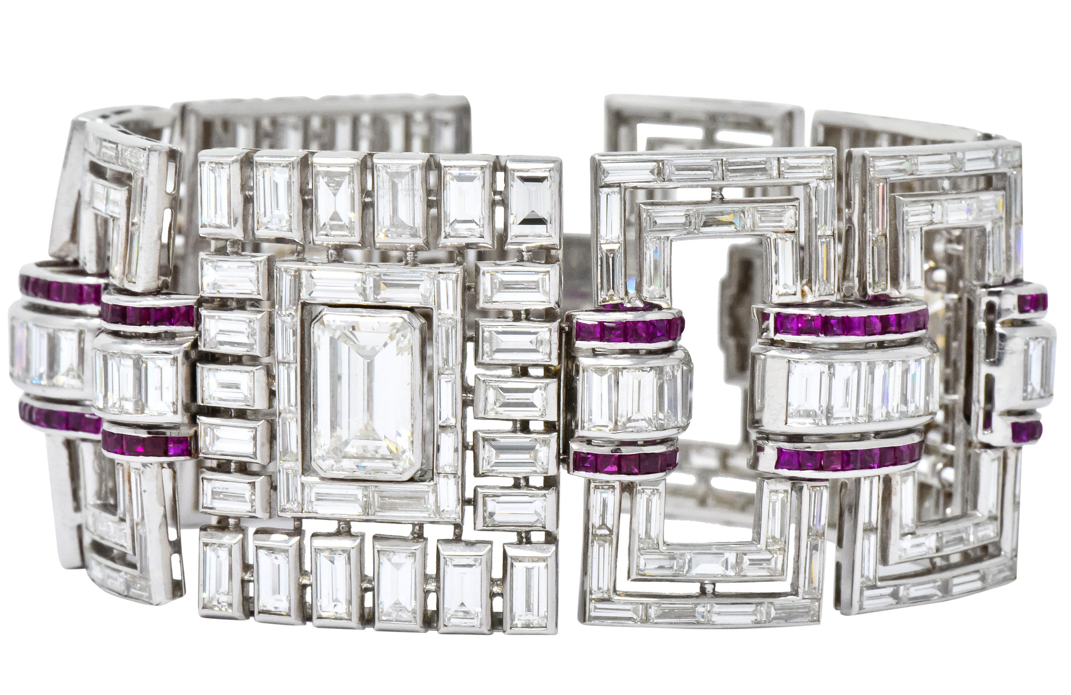 Emerald Cut Retro Substantial 50.20 Carat Diamond Ruby Platinum Link Bracelet, circa 1950