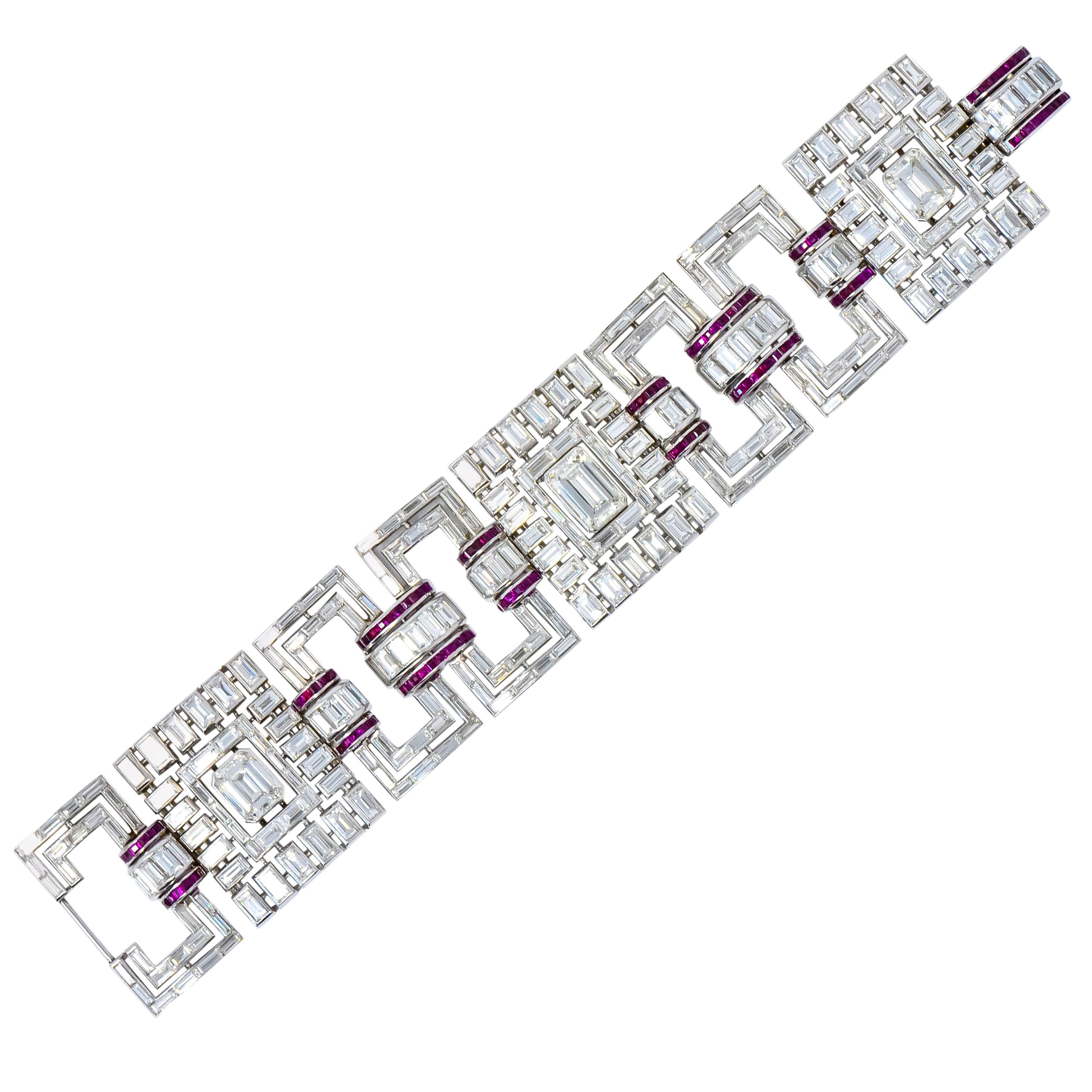 Retro Substantial 50.20 Carat Diamond Ruby Platinum Link Bracelet, circa 1950