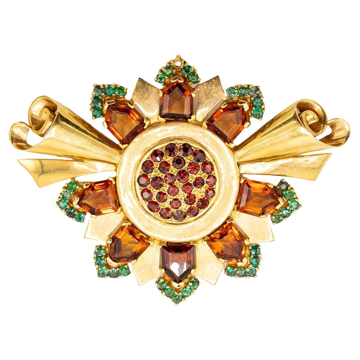 Retro Sunburst Brooch in Gold with Garnet and Emerald Accents ' 60s