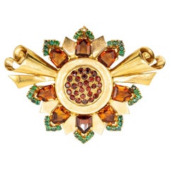 Retro Sunburst Brosche in Gold mit Granat und Smaragd Akzente ' 60s