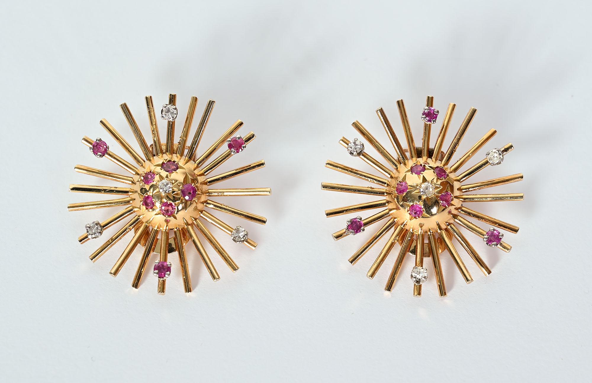 Retro Sunburst earrings in 14 karat rose gold. Domed centers add dimensionality to the earrings. They have eight round brilliant cut diamonds with a total weight of .32 carats and sixteen amethysts weighing 10.45 dwt.
A matching brooch is available