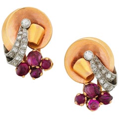 Retro Swirl Earrings with Rubies and Diamonds, 14 Karat Rose and Yellow Gold