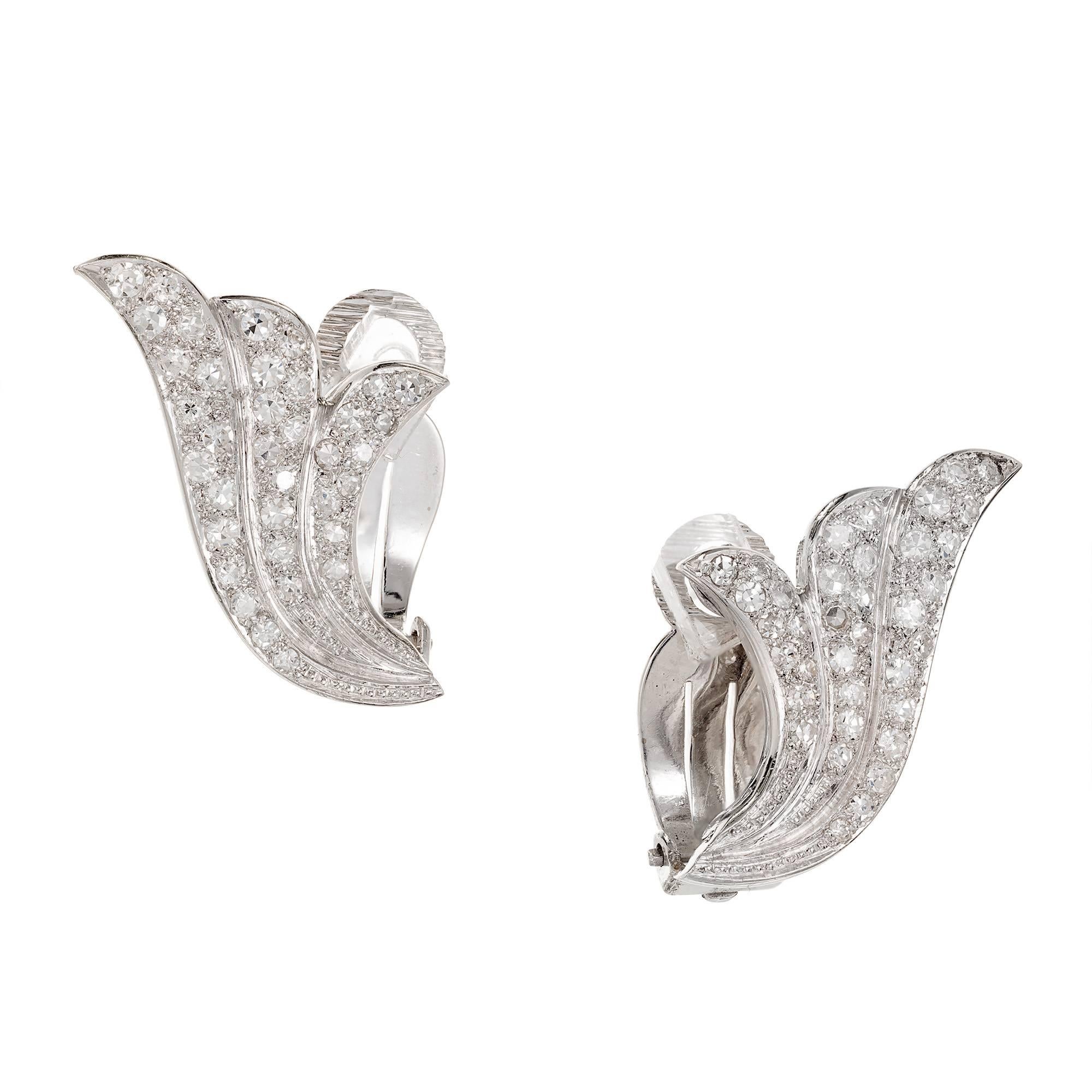 Women's Retro Swirl Pave Diamond Platinum Fan Clip Post Earrings