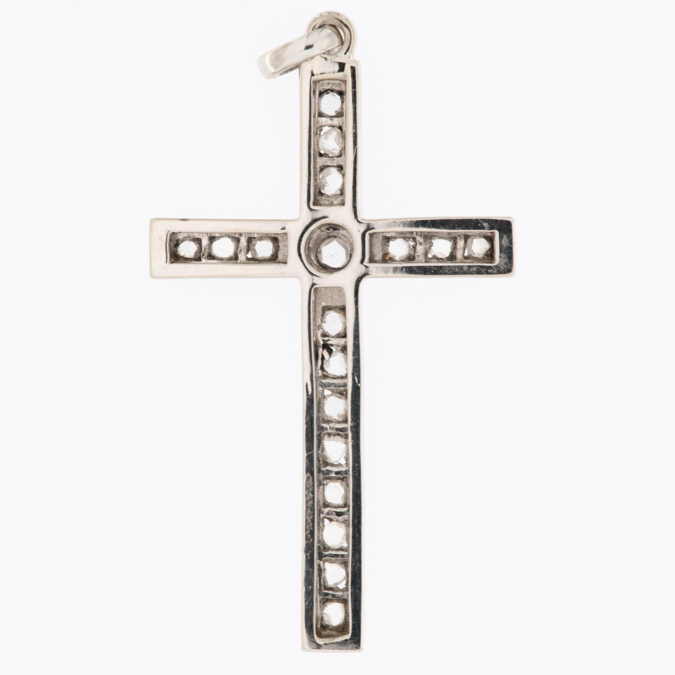 Old European Cut Retro Swiss 18kt White Gold Cross with Diamonds For Sale