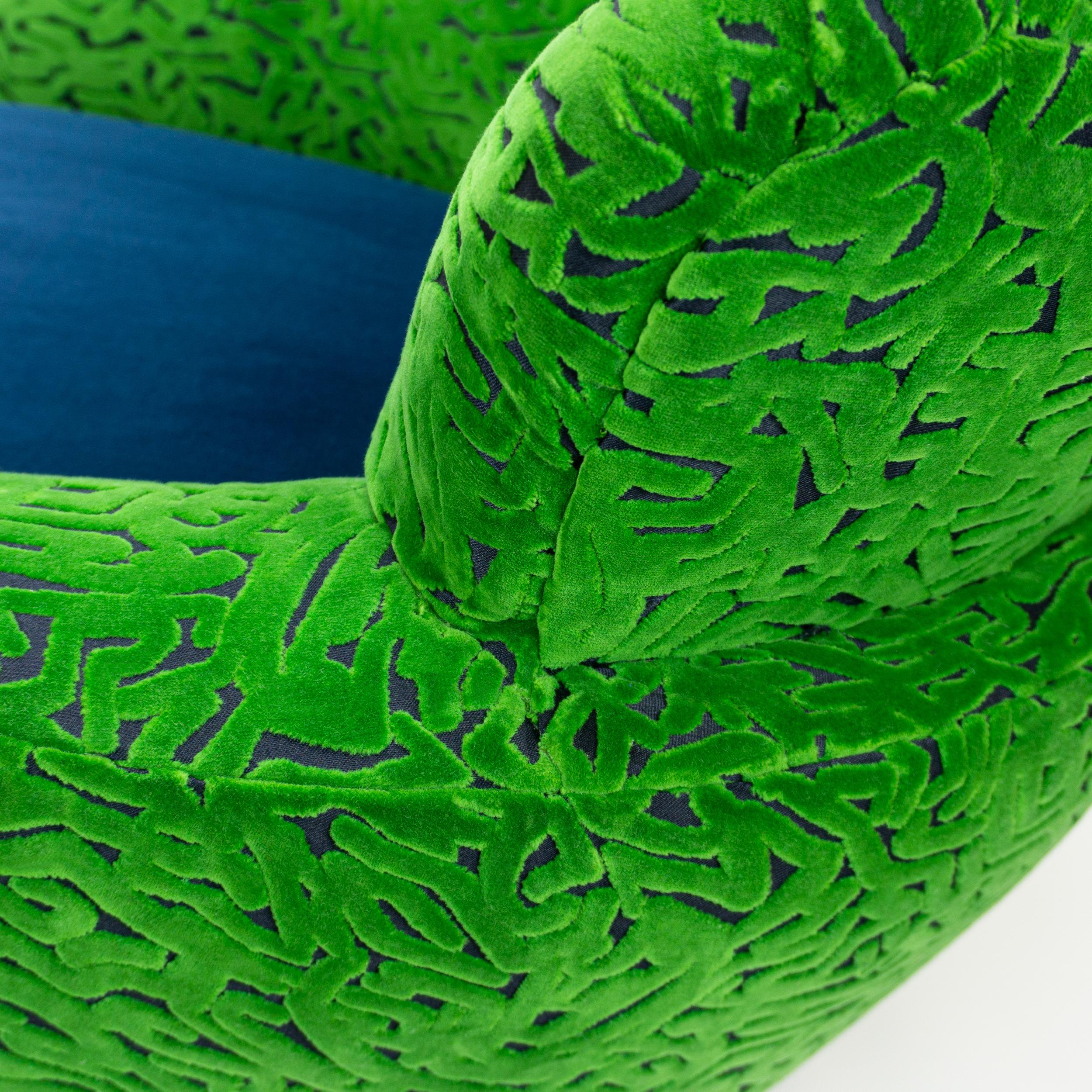 Contemporary Retro Swivel Chair w/ Chrome Base + Swirly Green Cut Velvet and Blue Velvet For Sale