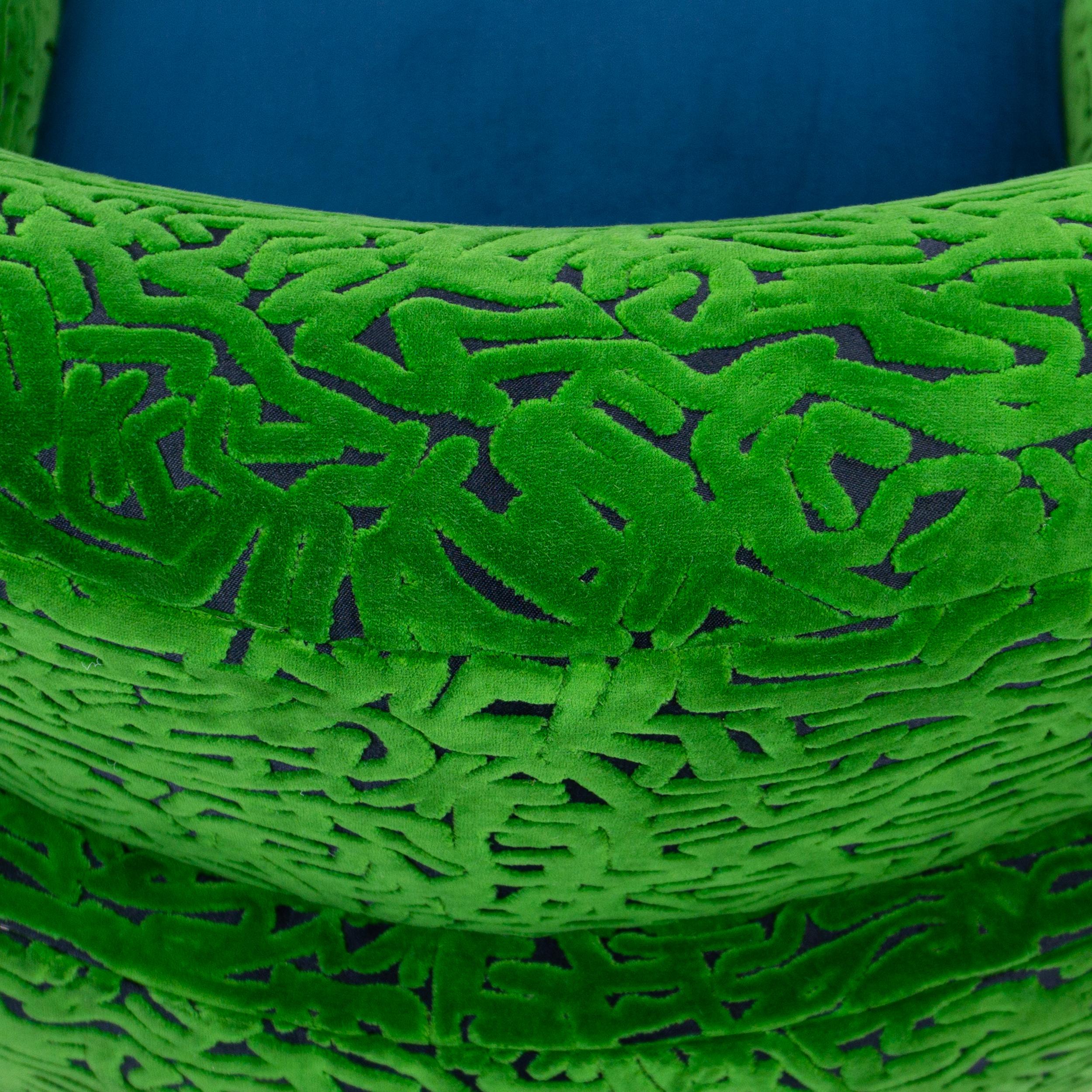 Retro Swivel Chair w/ Chrome Base + Swirly Green Cut Velvet and Blue Velvet For Sale 1