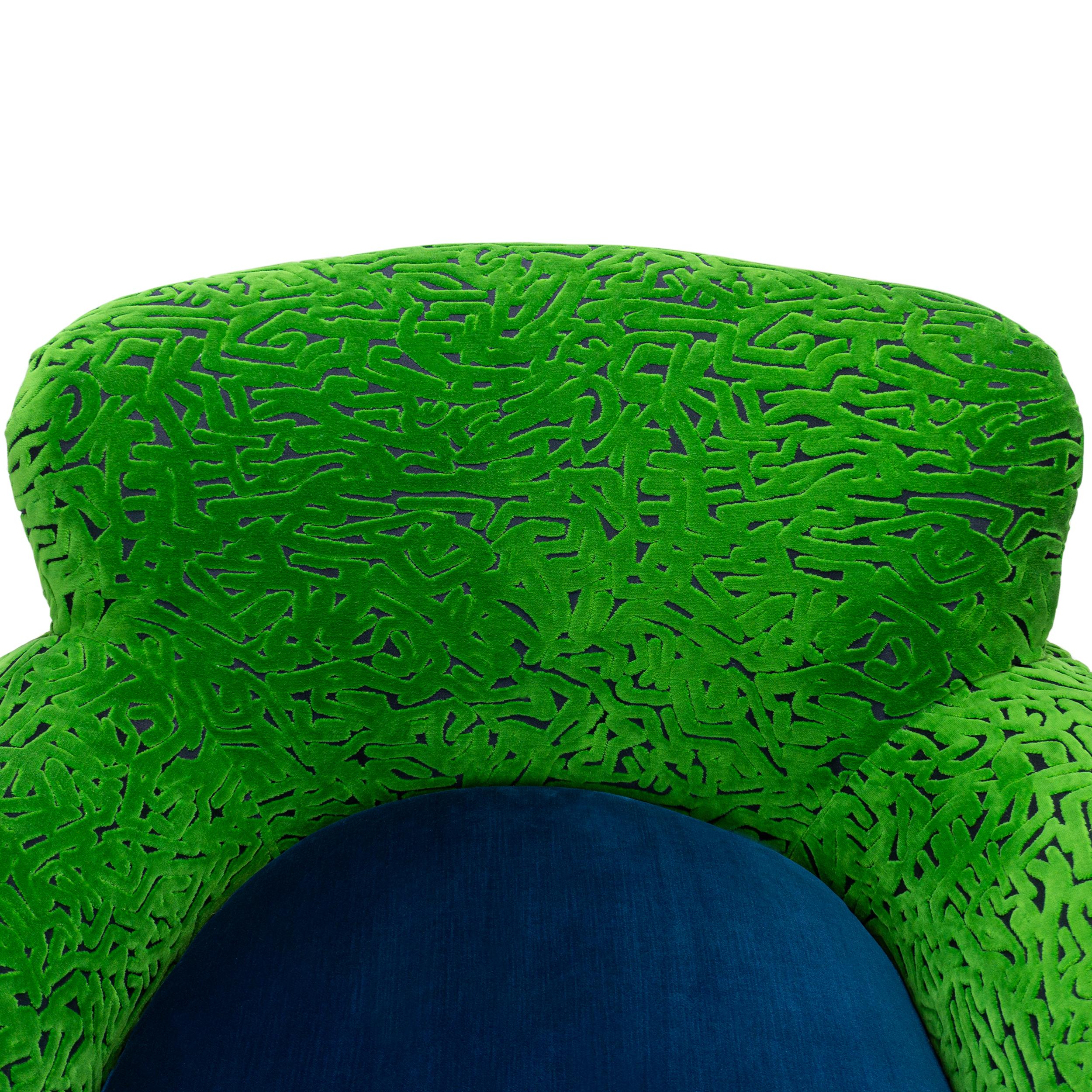 Retro Swivel Chair w/ Chrome Base + Swirly Green Cut Velvet and Blue Velvet For Sale 2