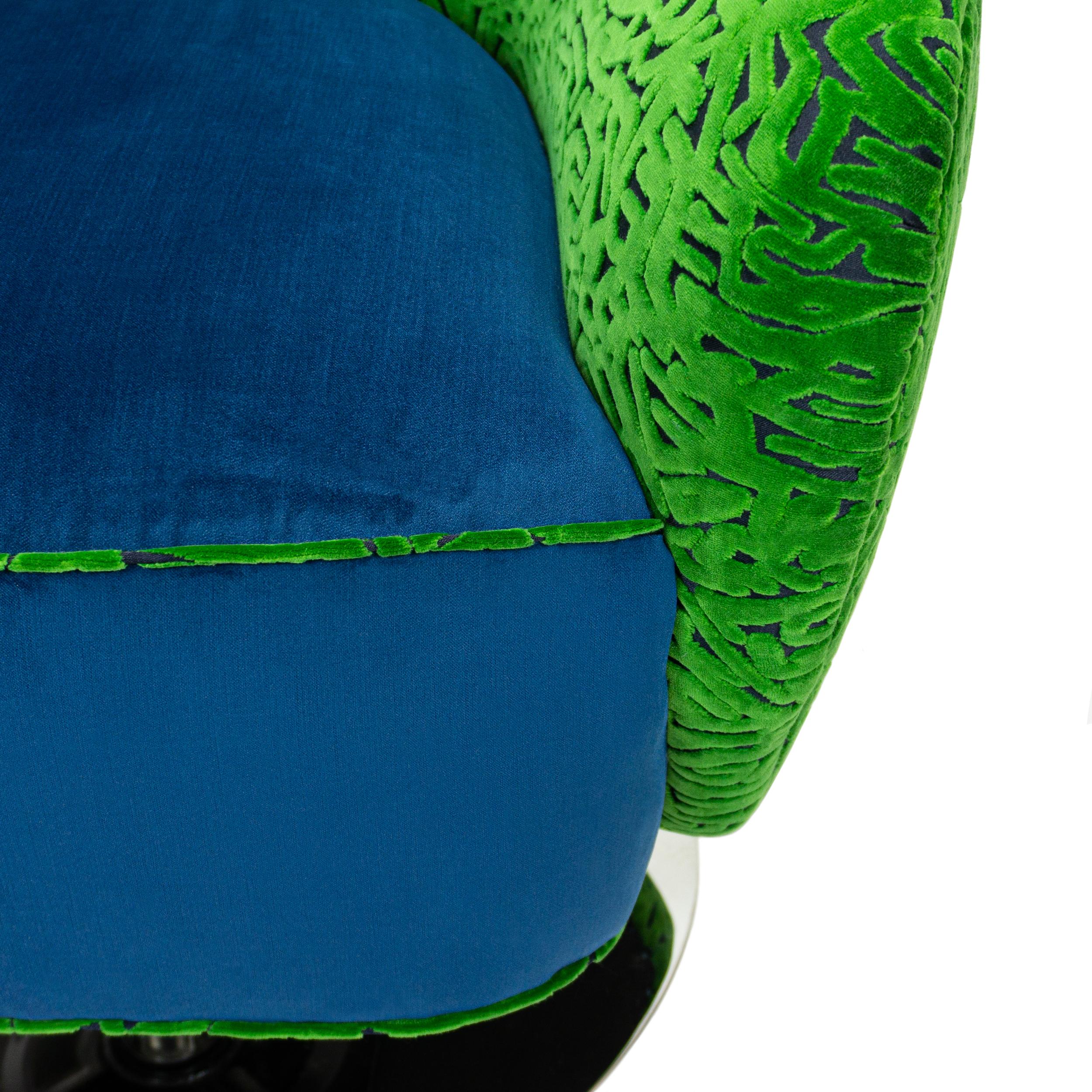 Retro Swivel Chair w/ Chrome Base + Swirly Green Cut Velvet and Blue Velvet For Sale 4
