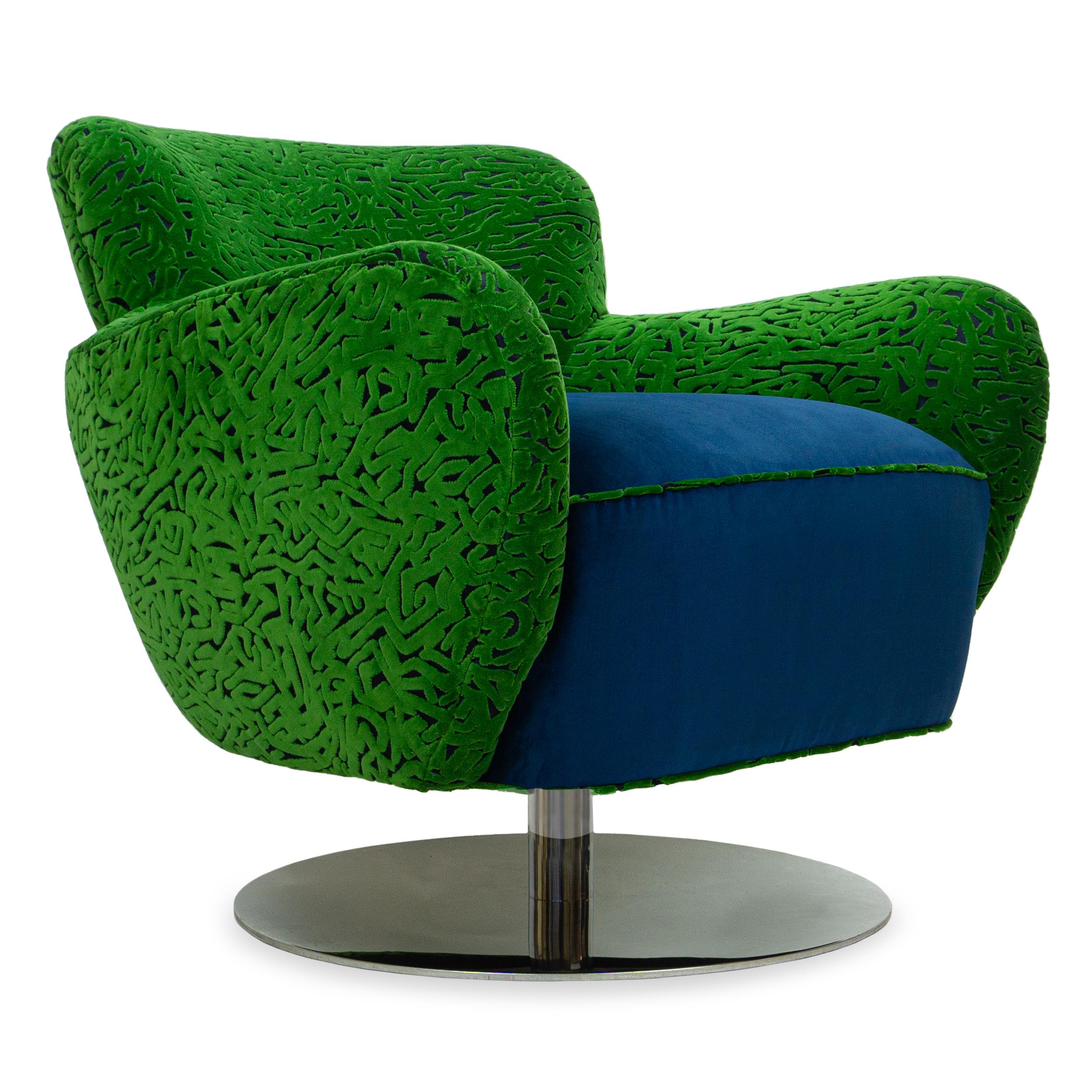 Retro style swivel chair with mirrored / chrome base (we can also spray it black). Frame is made with solid hardwood and upholstered with eight-way hand-tied springs and high density foam. Features swirly grass green cut velvet on frame and