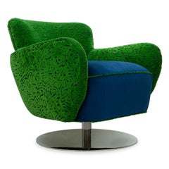 Retro Swivel Chair w/ Chrome Base + Swirly Green Cut Velvet and Blue Velvet