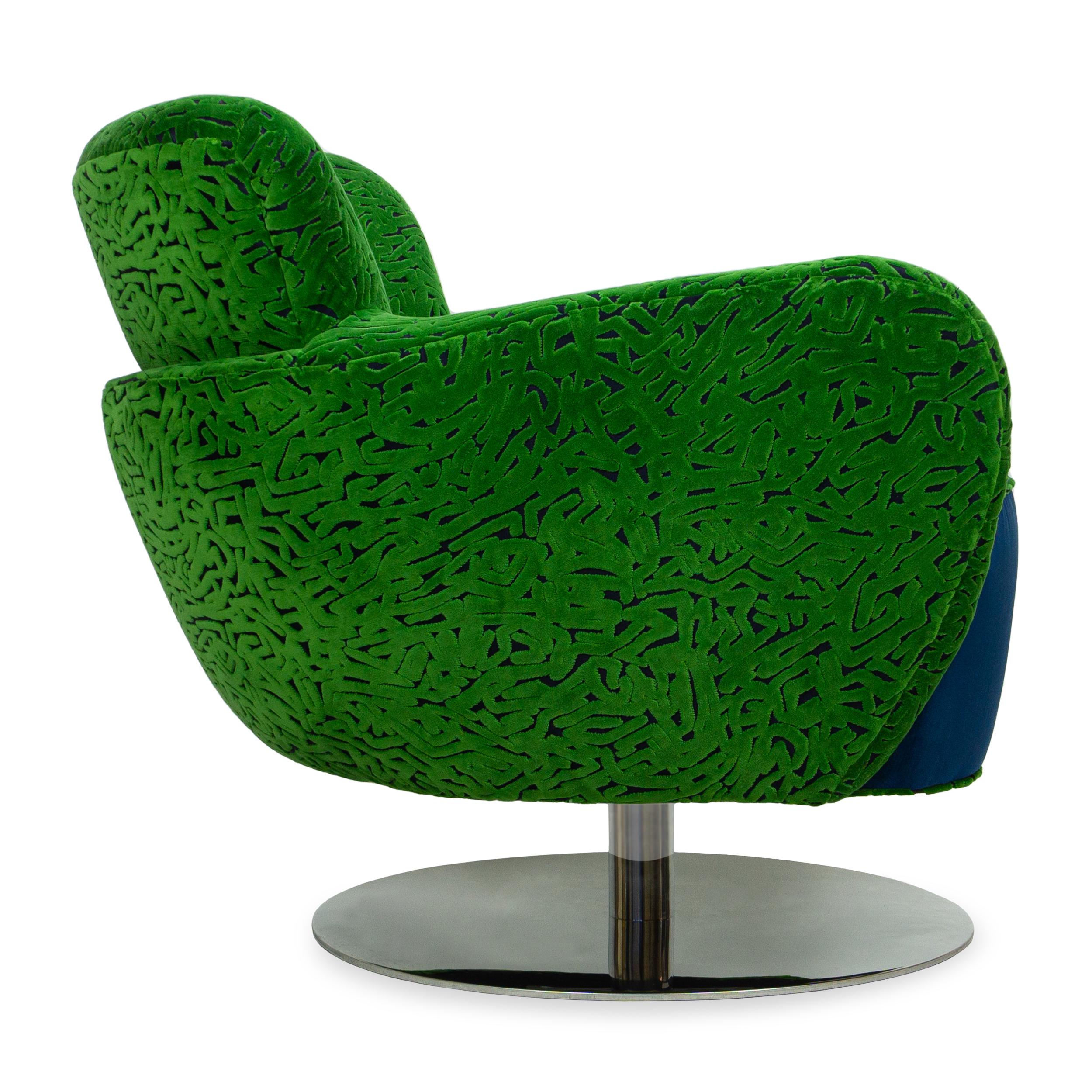 Modern Retro Swivel Chair w/ Chrome Base + Swirly Green Cut Velvet and Blue Velvet For Sale