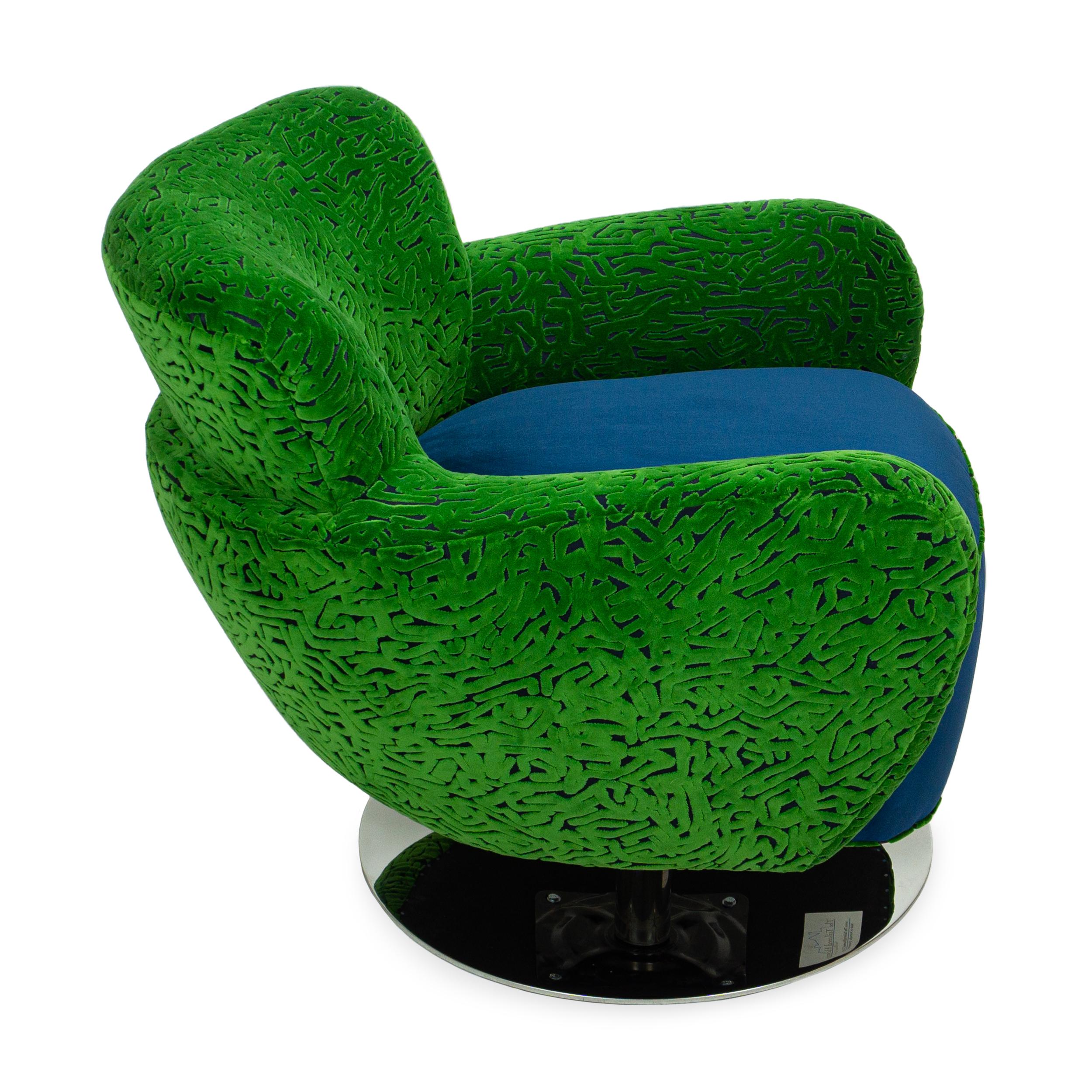American Retro Swivel Chair w/ Chrome Base + Swirly Green Cut Velvet and Blue Velvet For Sale