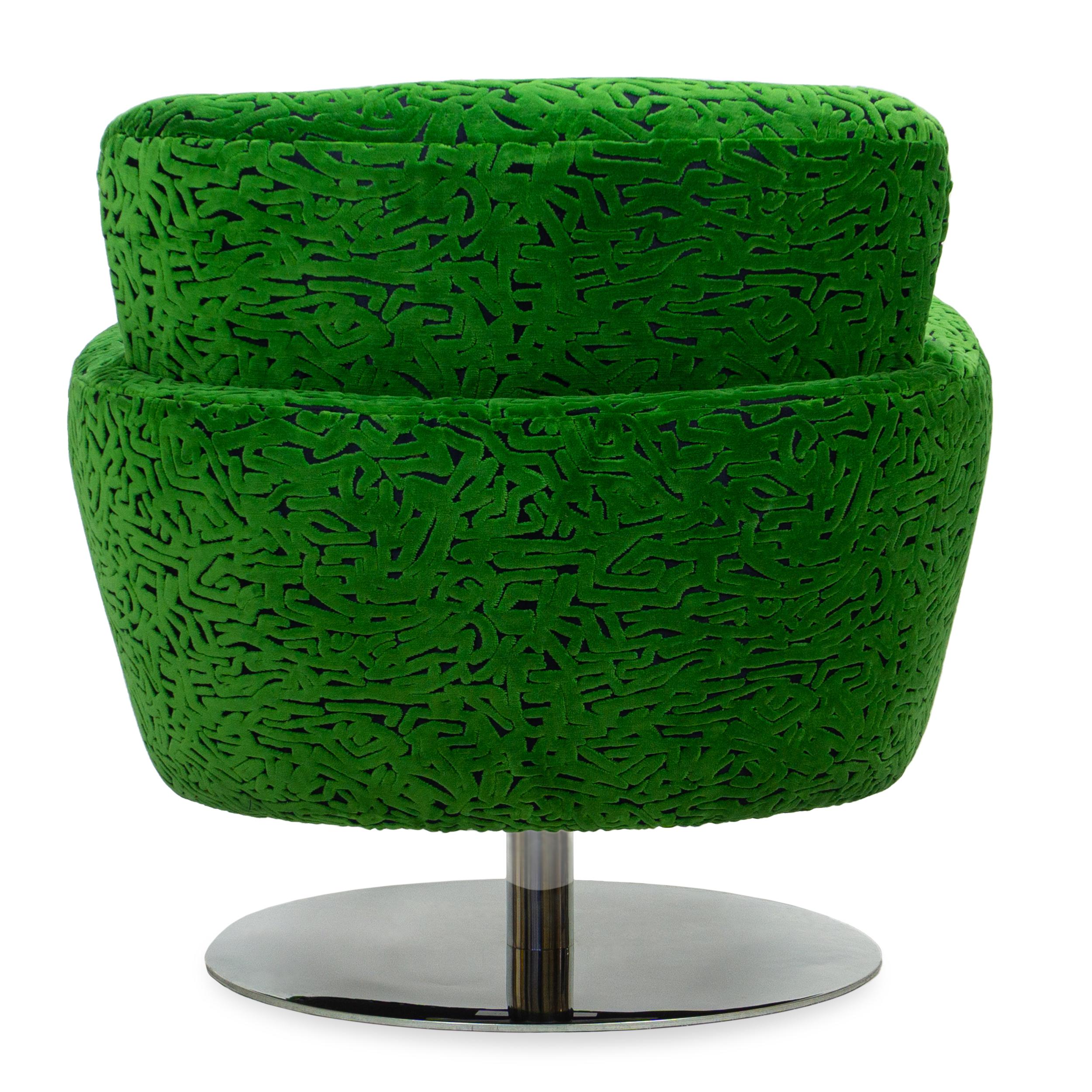 Hand-Crafted Retro Swivel Chair w/ Chrome Base + Swirly Green Cut Velvet and Blue Velvet For Sale
