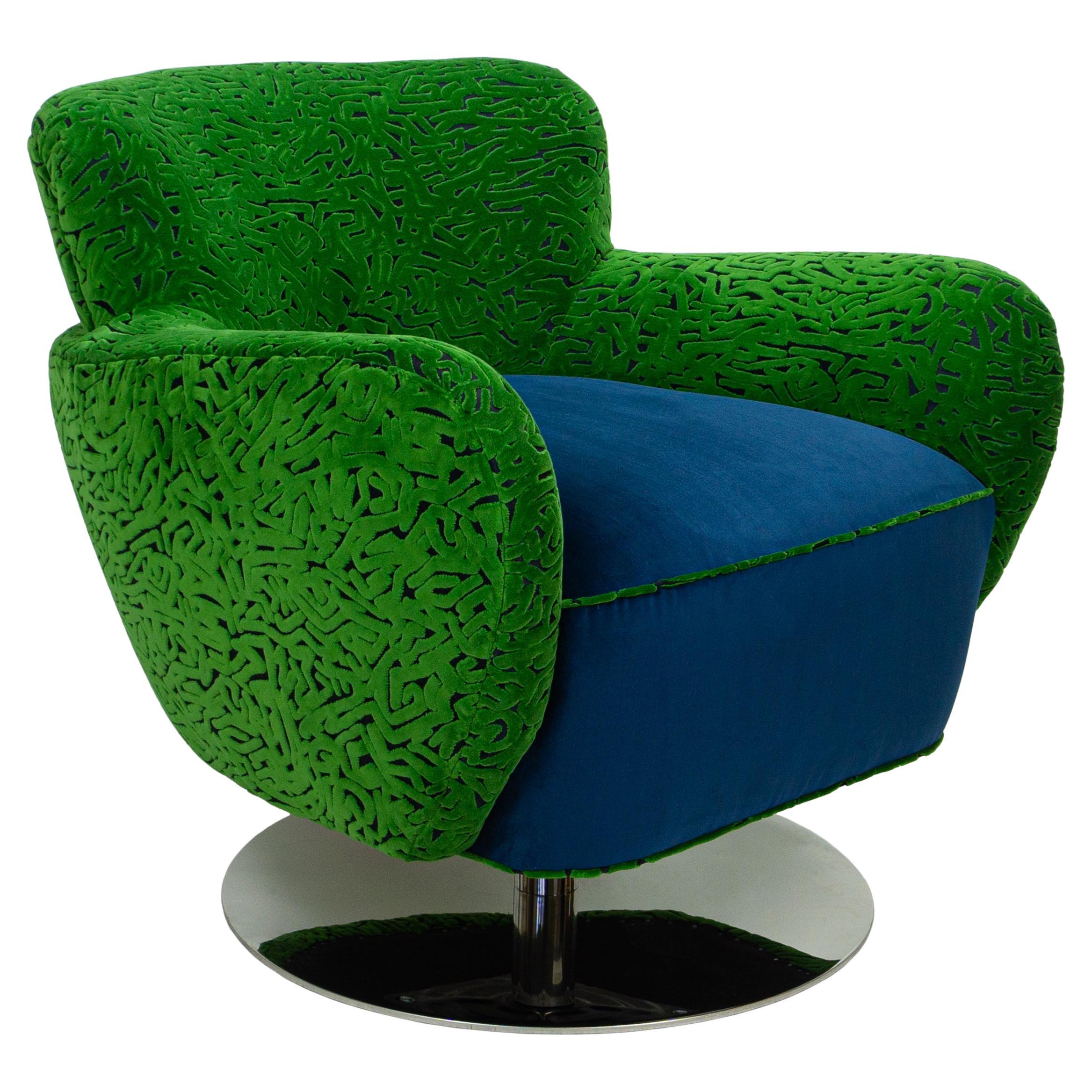 Retro Swivel Chair w/ Chrome Base + Swirly Green Cut Velvet and Blue Velvet