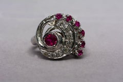 Retro Synthetic Ruby and Diamond Swirl Volute Ring 14 Karat Gold