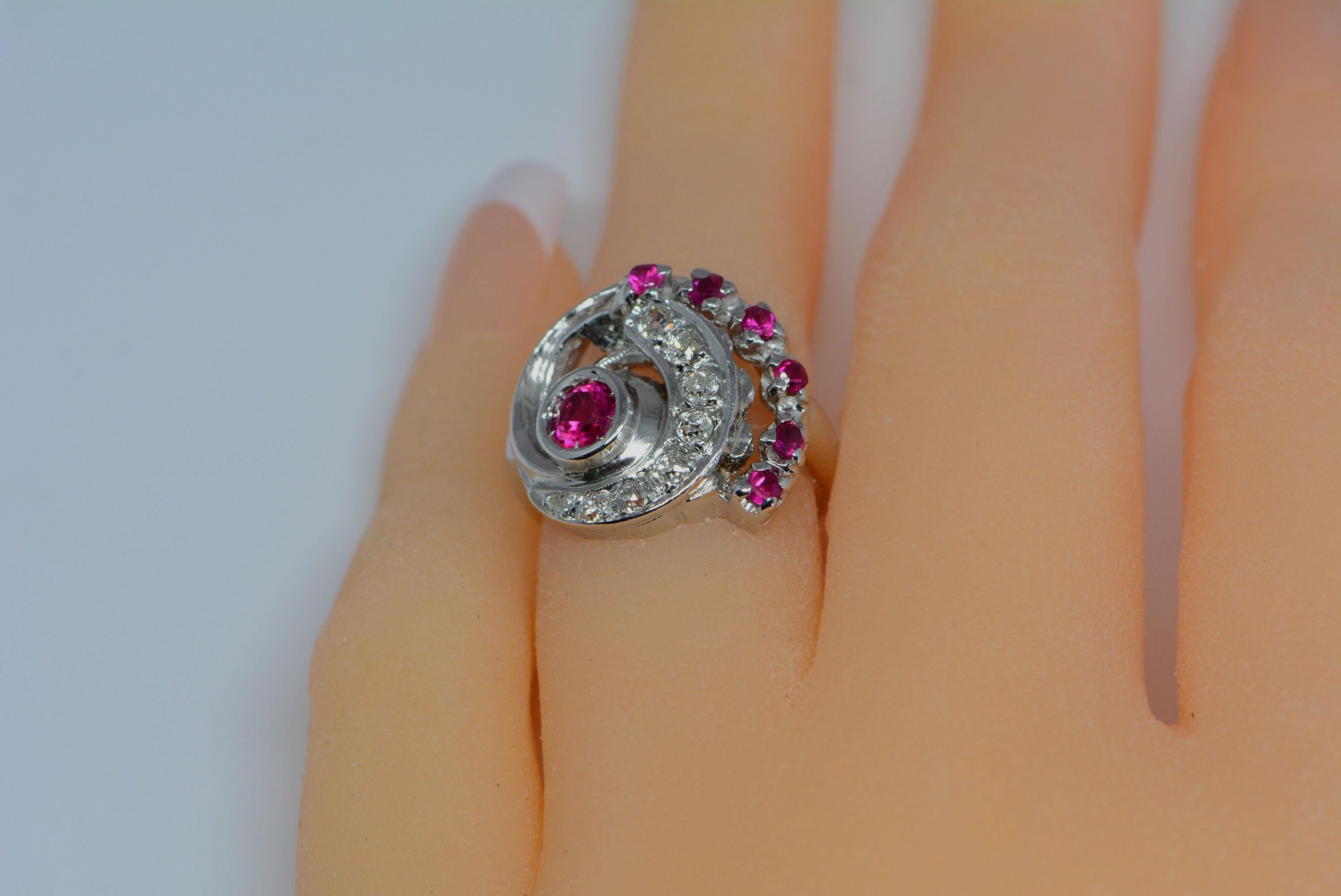 Old Mine Cut Retro Synthetic Ruby and Diamond Swirl Volute Ring 14 Karat Gold For Sale