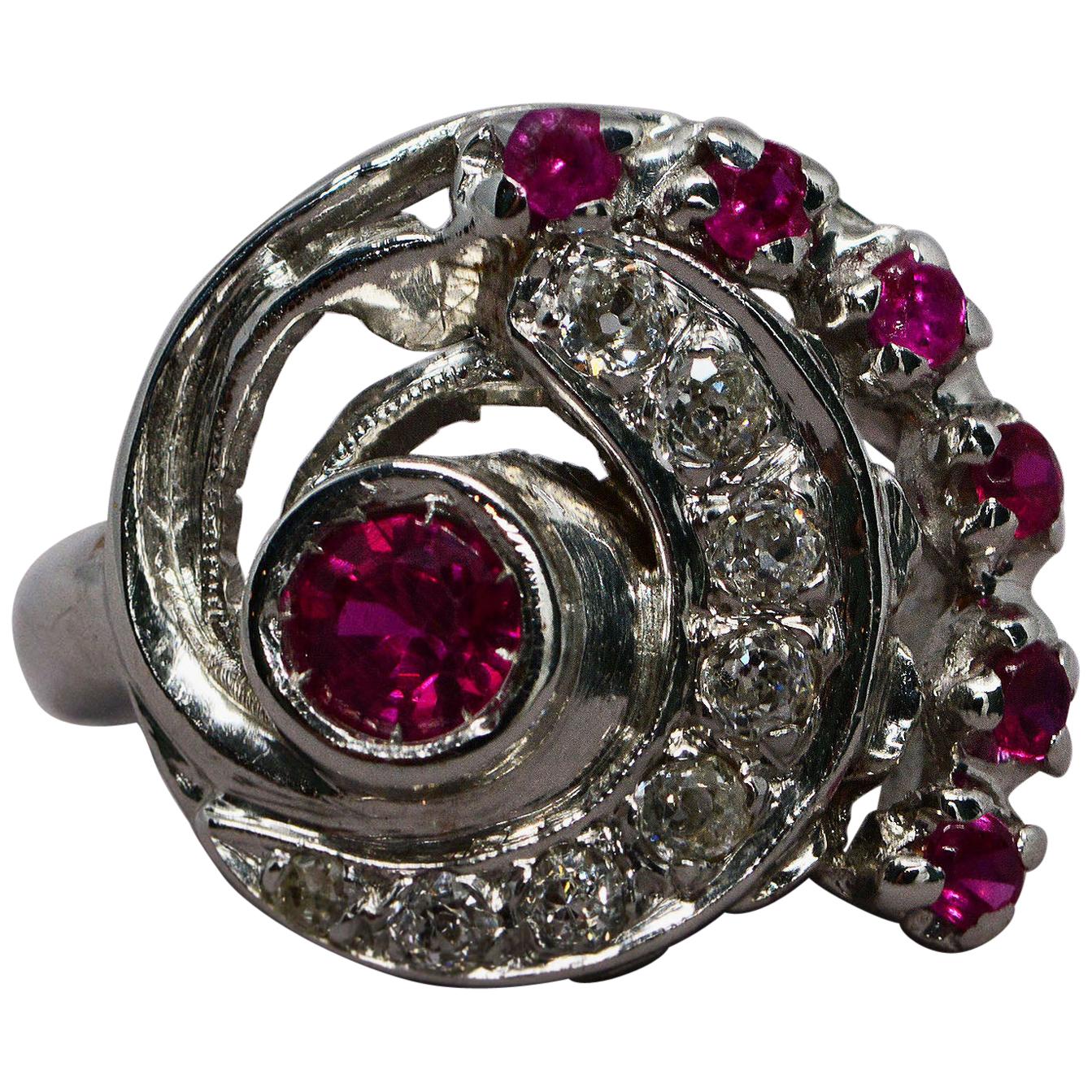 Retro Synthetic Ruby and Diamond Swirl Volute Ring 14 Karat Gold For Sale