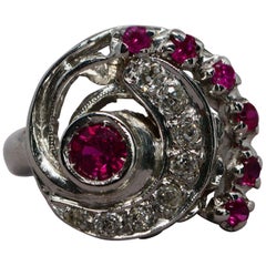 Retro Synthetic Ruby and Diamond Swirl Volute Ring 14 Karat Gold