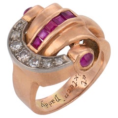 Retro synthetic ruby diamond 14k rose gold tank ring