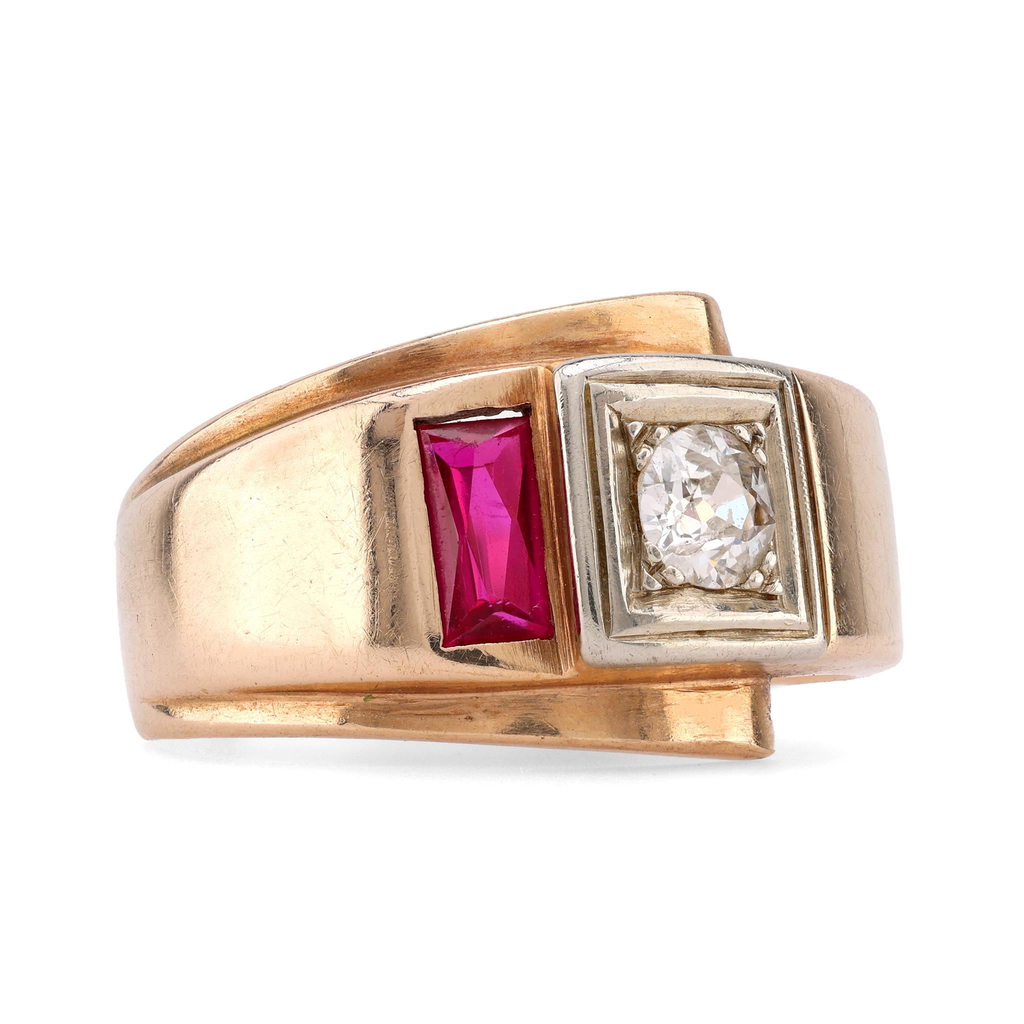 Retro Synthetischer Rubin-Diamant-Ring aus 14K Gelbgold (Französischer Schliff) im Angebot