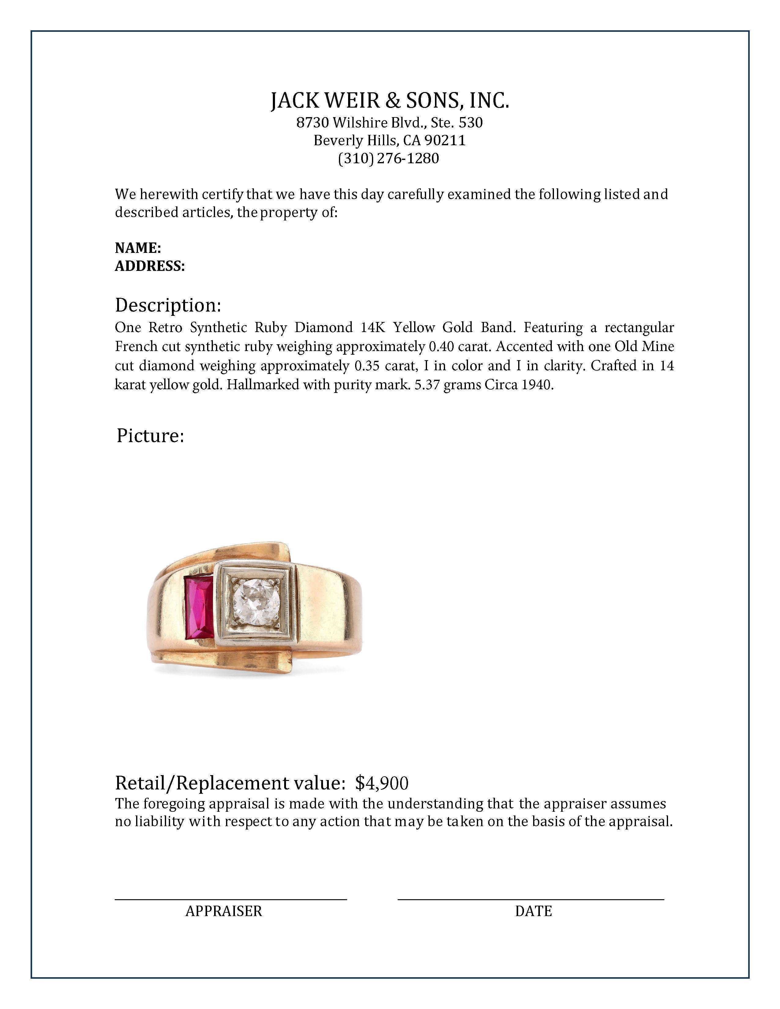 Retro Synthetischer Rubin-Diamant-Ring aus 14K Gelbgold für Damen oder Herren im Angebot