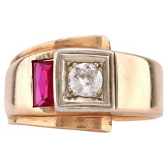 Retro Synthetic Ruby Diamond 14K Yellow Gold Band