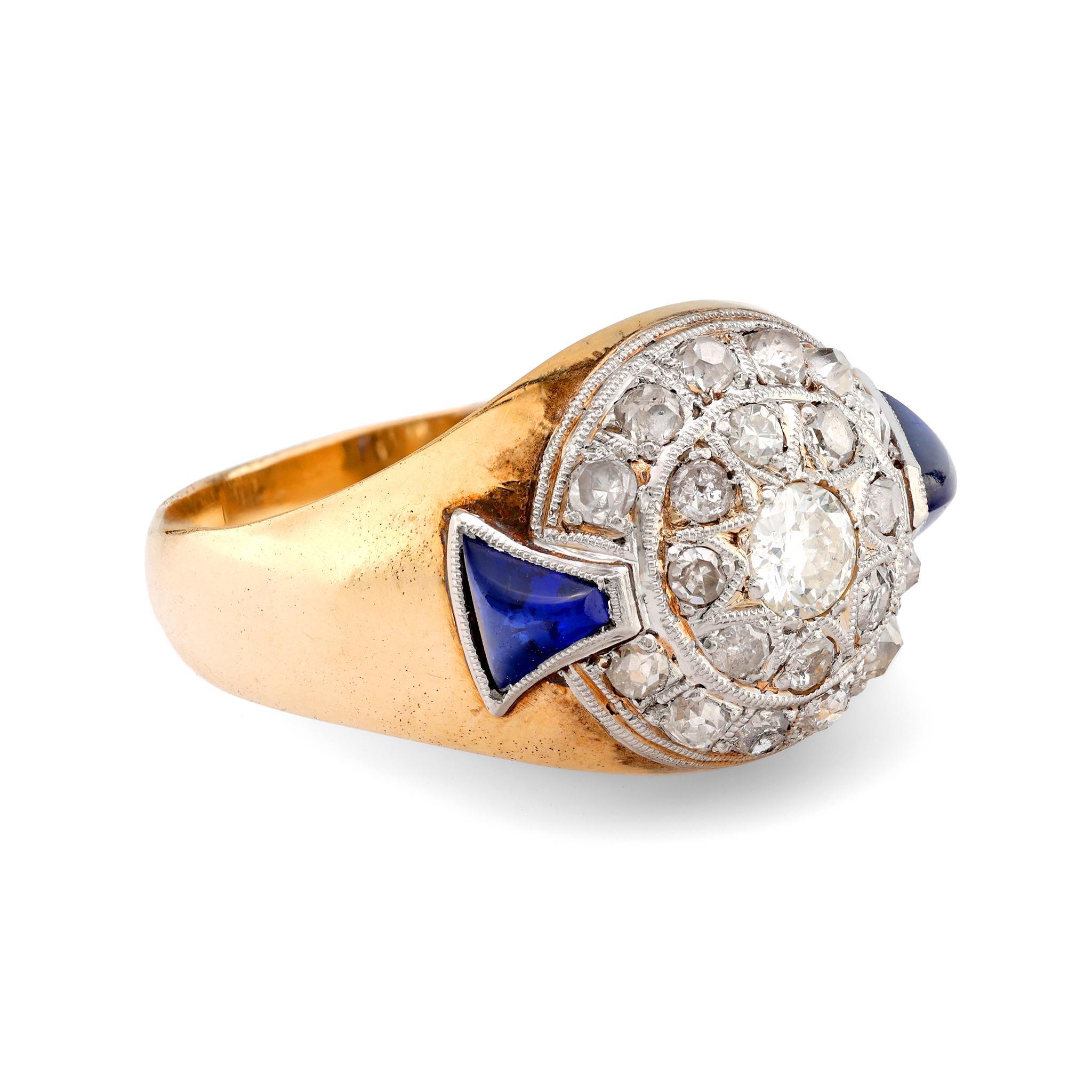 Single Cut Retro synthetic sapphire 18k yellow gold diamond ring For Sale