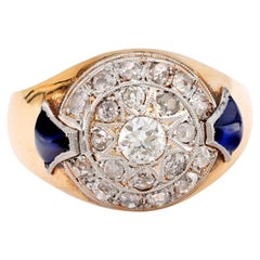 Anillo retro zafiro sintético diamante oro amarillo 18k