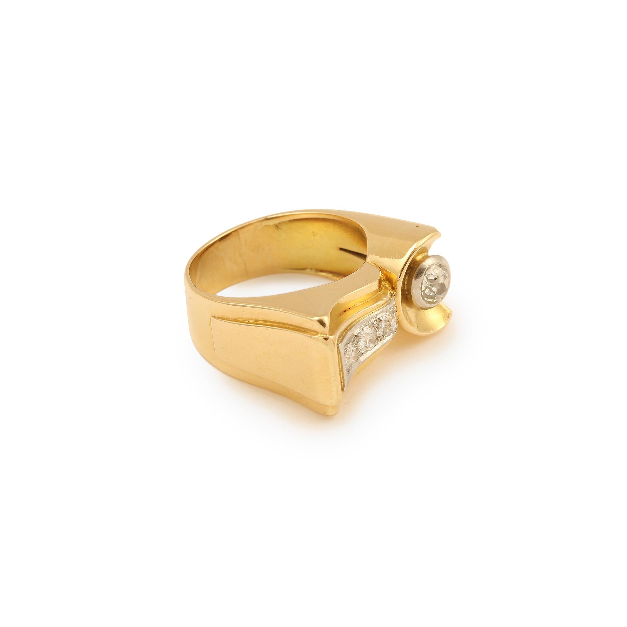 Yellow gold retro asymmetrical tank ring set with old cut diamonds.

Ring dimensions: 8.53 x 21 x 4.71 mm (0.336 x 0.826 x 0.185 inches)

Total approximate diamond weight: 0.45 carats

Ring weight: 10.40 g

Finger size: 54 (US size: 7)

18 carats