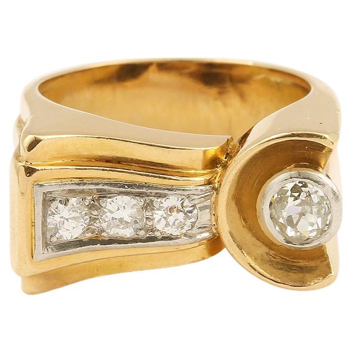 Bague rétro Tank en or jaune 18 carats et platine avec diamants de 0,45 carat