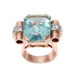 Retro Tank 16 Carats Aqua Marine Diamonds 18 Carats Rose Gold Cocktail Ring Retro Tank 16 Carats Aqua Marine Diamonds 18 Carats Rose Gold Cocktail Ring